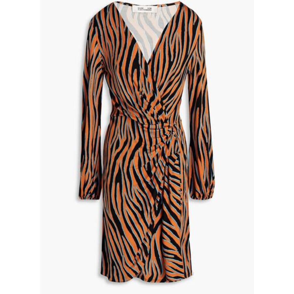 Diane von Furstenberg Long Sleeve Viscose Wrap Dress Orange Blue Zebra Size S